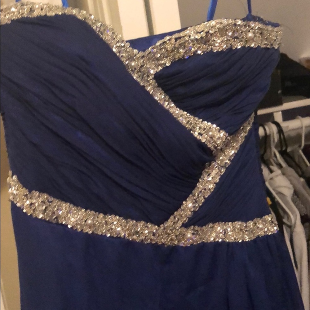 navy blue crystal belted prom dress